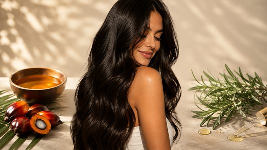 Woman with healthy shiny hair shown between Batana oil and rosemary oil ingredients in a natural hair care comparison.