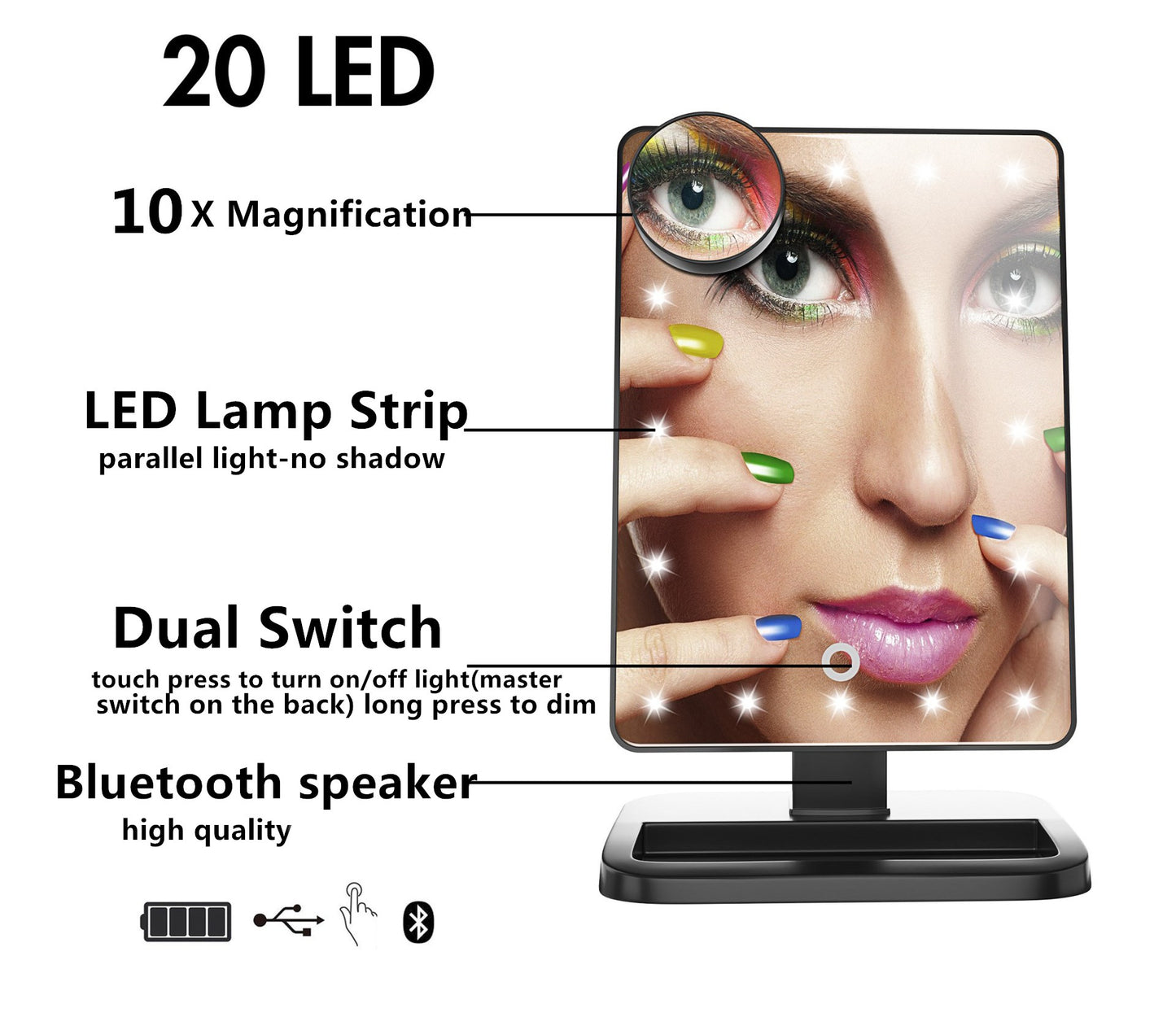 Tune 3-in-1 Touchscreen Makeup Mirror with 20 LED Lights & Bluetooth Speaker