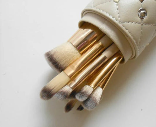 Beige White 12-Piece Makeup Brush Set with Storage Buckets