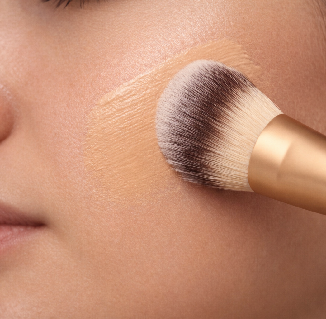 Foundation brush applying liquid makeup smoothly on skin for even blending
