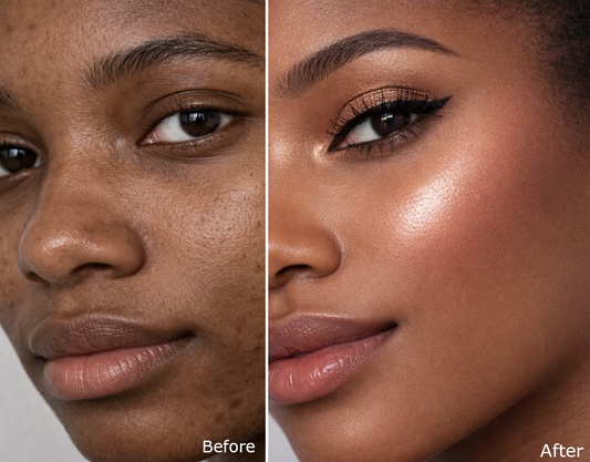 Before and after makeup transformation showing smooth skin and flawless foundation finish