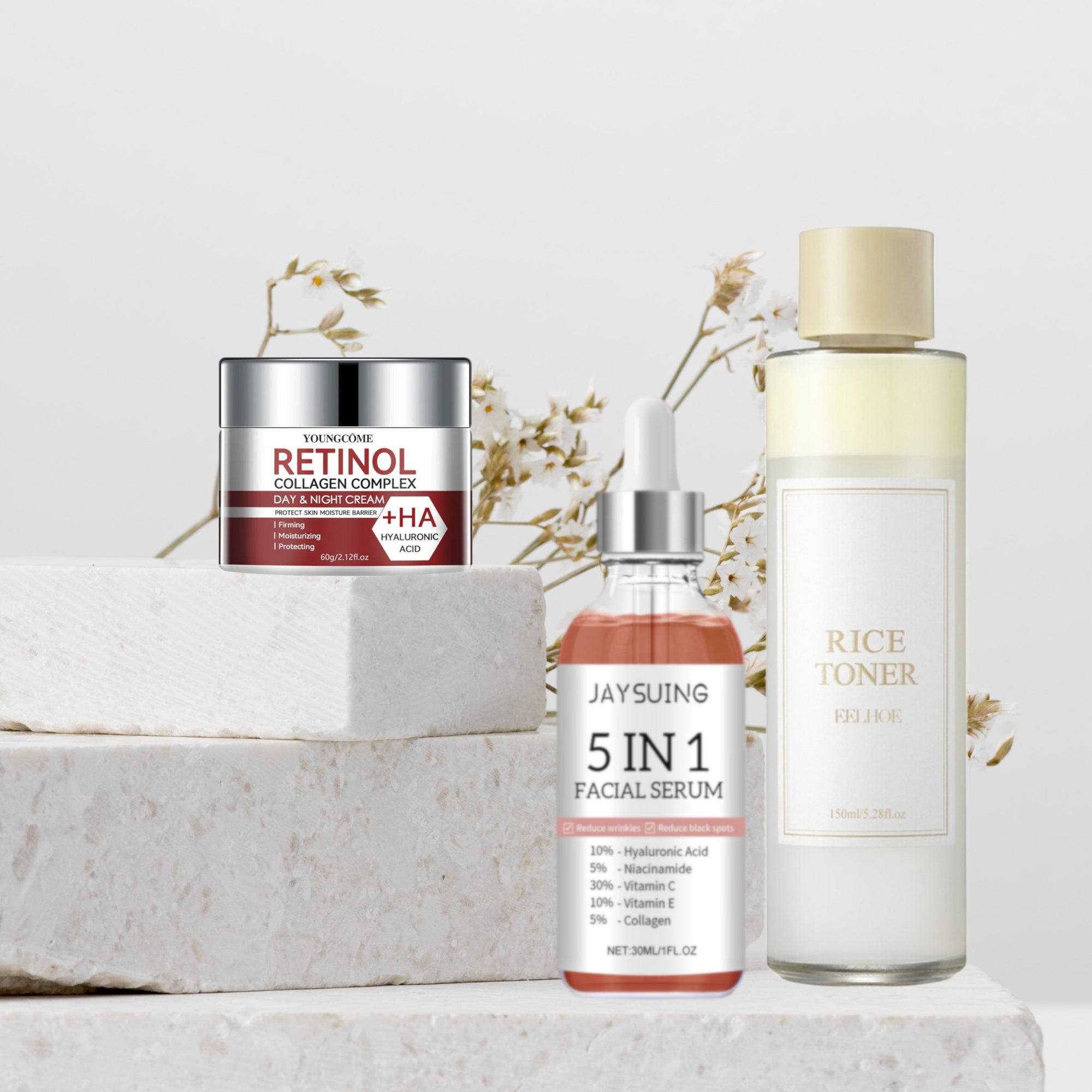 Load video: Bio Aura Lab Age Renewal Trio video — highlights Rice Toner, Collagen Serum, and Retinol Cream in a 3-step anti-aging skincare routine. Shows smooth textures, radiant skin results, and elegant beige visuals with a 20% bundle offer.